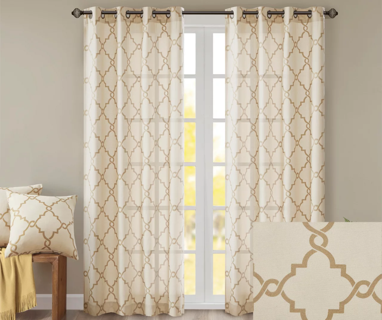 Sereno Fretwork Beige & Gold Light-Filtering Grommet Curtain Panel, (95") - Image 3