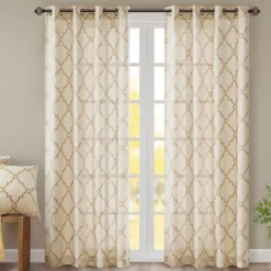 Sereno Fretwork Beige & Gold Light-Filtering Grommet Curtain Panel, (63")