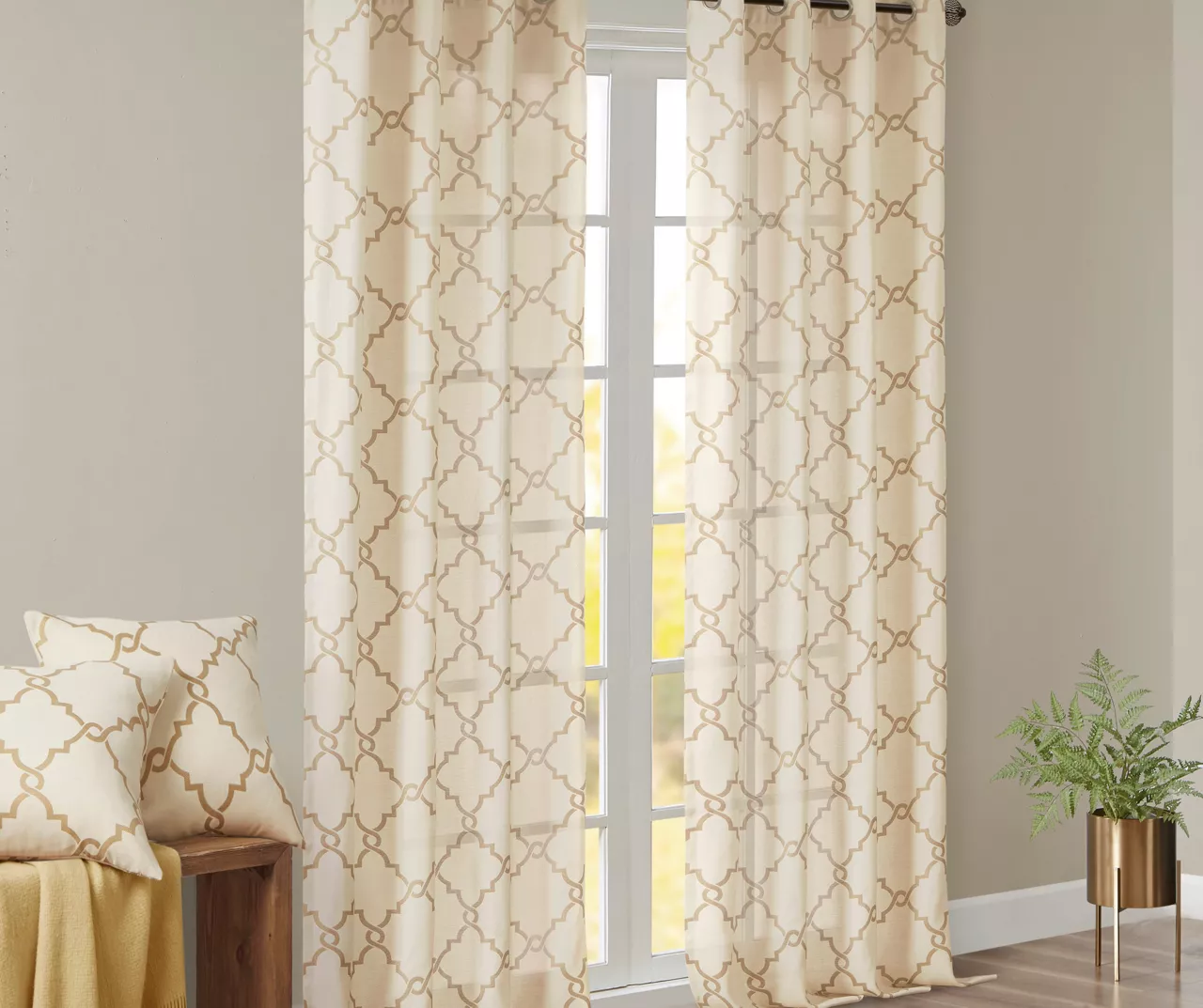 Sereno Fretwork Beige & Gold Light-Filtering Grommet Curtain Panel, (84") - Image 9