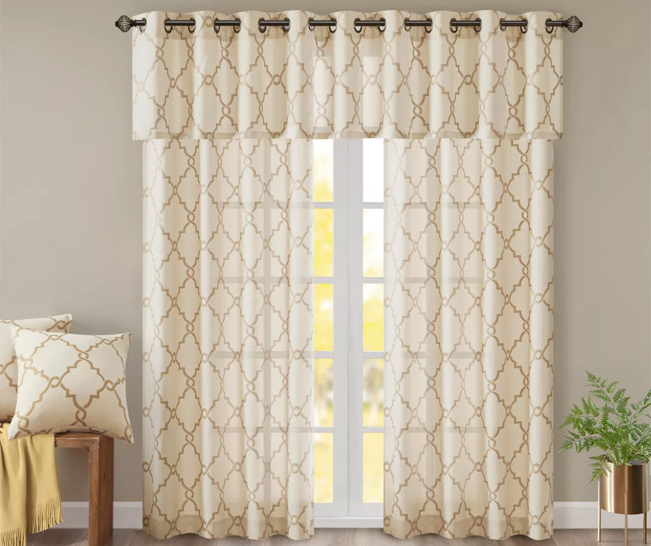 Sereno Fretwork Beige & Gold Light-Filtering Grommet Curtain Panel, (84") - Image 10