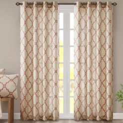 Sereno Fretwork Beige & Spice Light-Filtering Grommet Curtain Panel, (63")