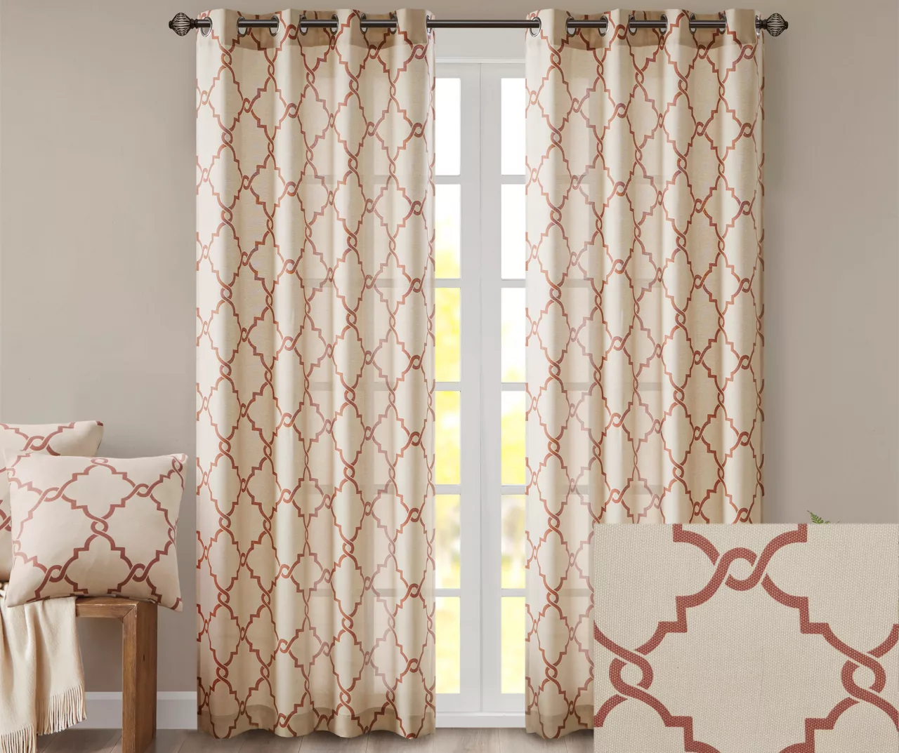 Sereno Fretwork Beige & Spice Light-Filtering Grommet Curtain Panel, (95") - Image 3