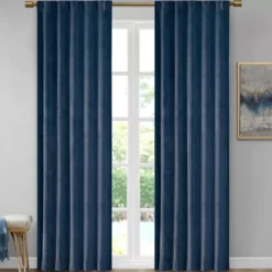 Bryce Velvet Navy Room-Darkening Rod Pocket Curtain Panel Pair, (63")