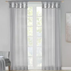Persis Light Gray Voile Sheer Twisted Tab Curtain Panel Pair, (84")