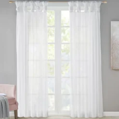 Persis White Voile Sheer Twisted Tab Curtain Panel Pair, (84")