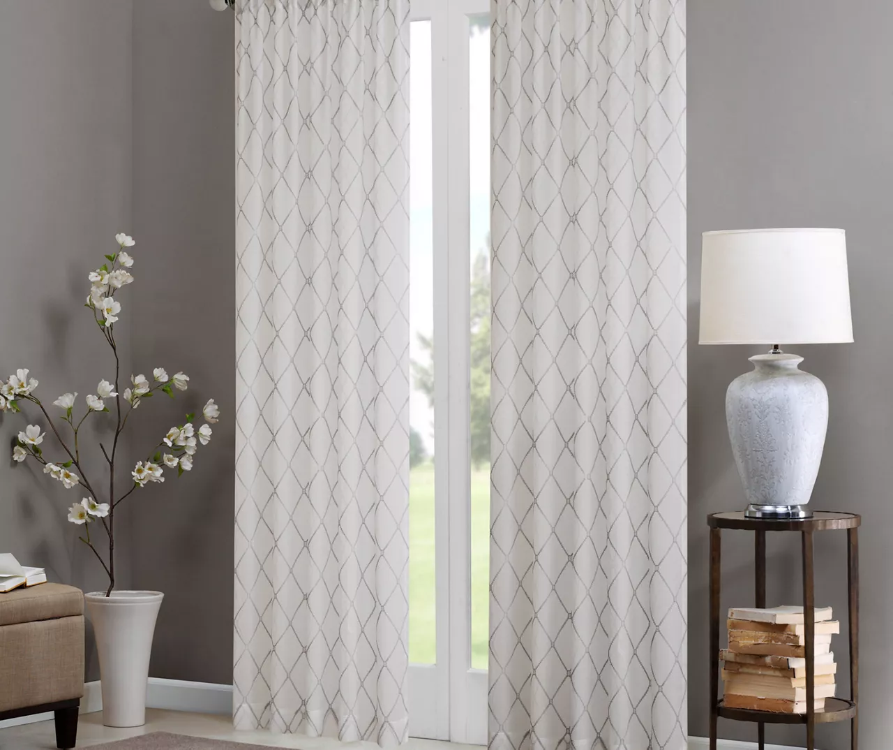 Clarissa Diamond White & Gray Sheer Rod Pocket Curtain Panel, (84") - Image 2