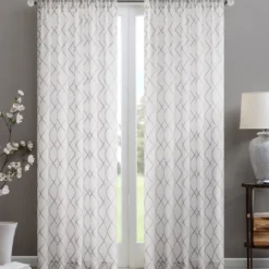 Clarissa Diamond White & Gray Sheer Rod Pocket Curtain Panel, (95")