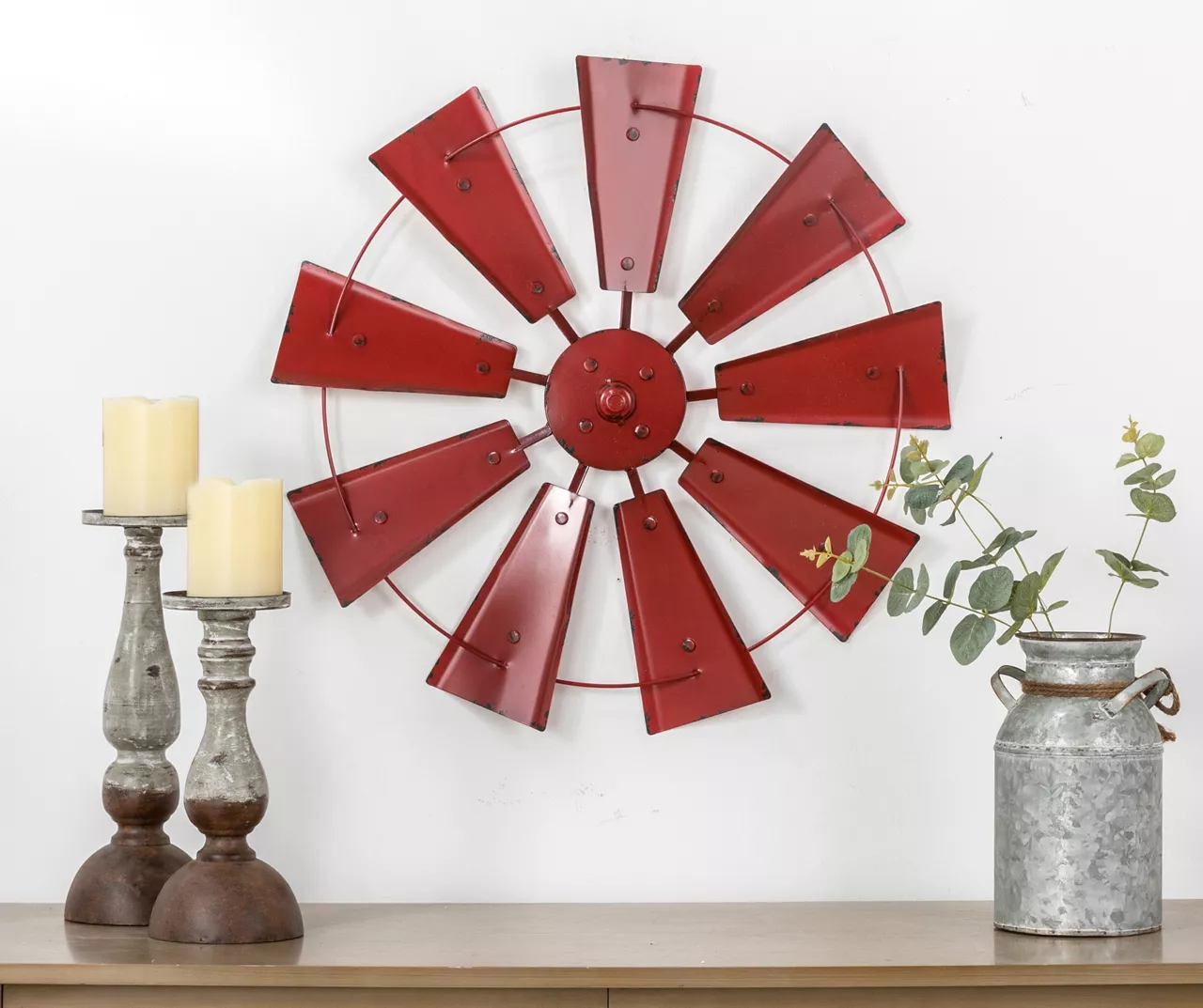 22.05" Red Metal Windmill Wheel Wall Decor - Image 7