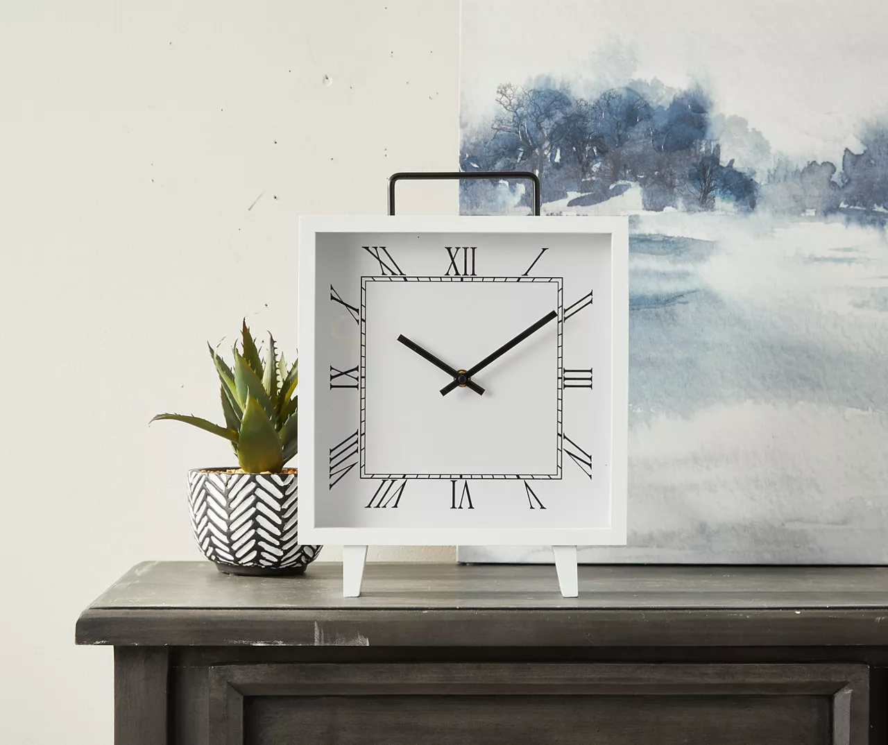 White Roman Numeral Square Tabletop Clock - Image 3