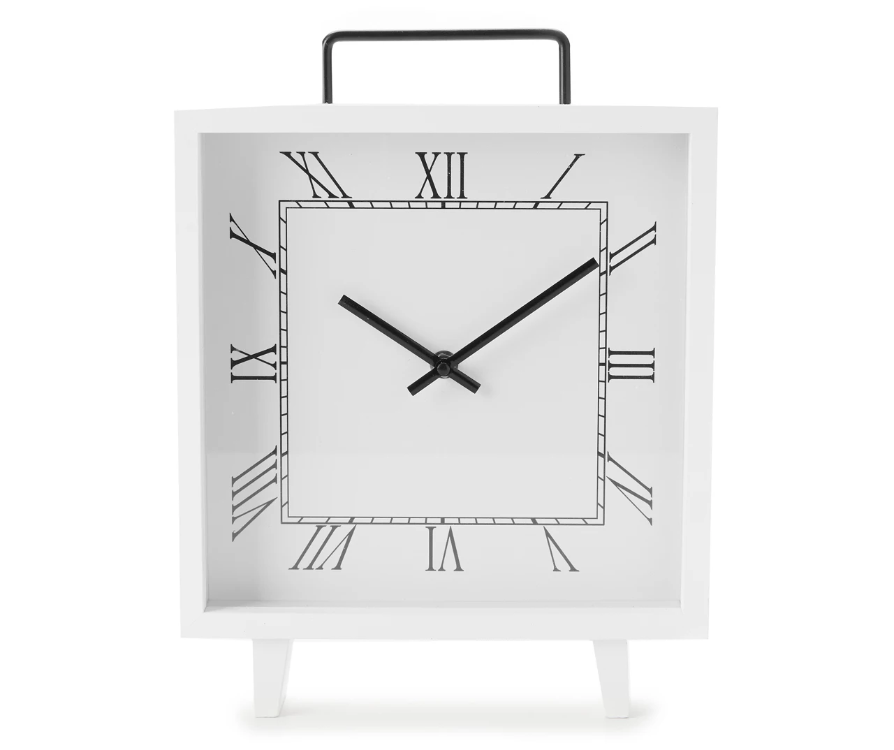 White Roman Numeral Square Tabletop Clock