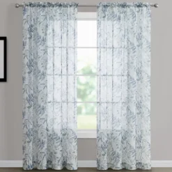 Hattie Spa Blue Floral Crushed Voile Sheer Curtain Panel, (84")