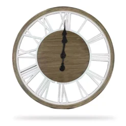 White & Brown Rustic Roman Numeral Cutout Wall Clock, (24")