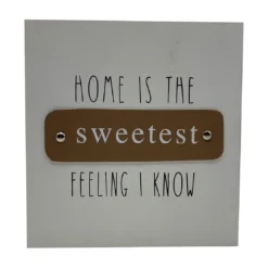 "Sweetest Feeling" White Wood Plaque With Brown Faux Leather Accent