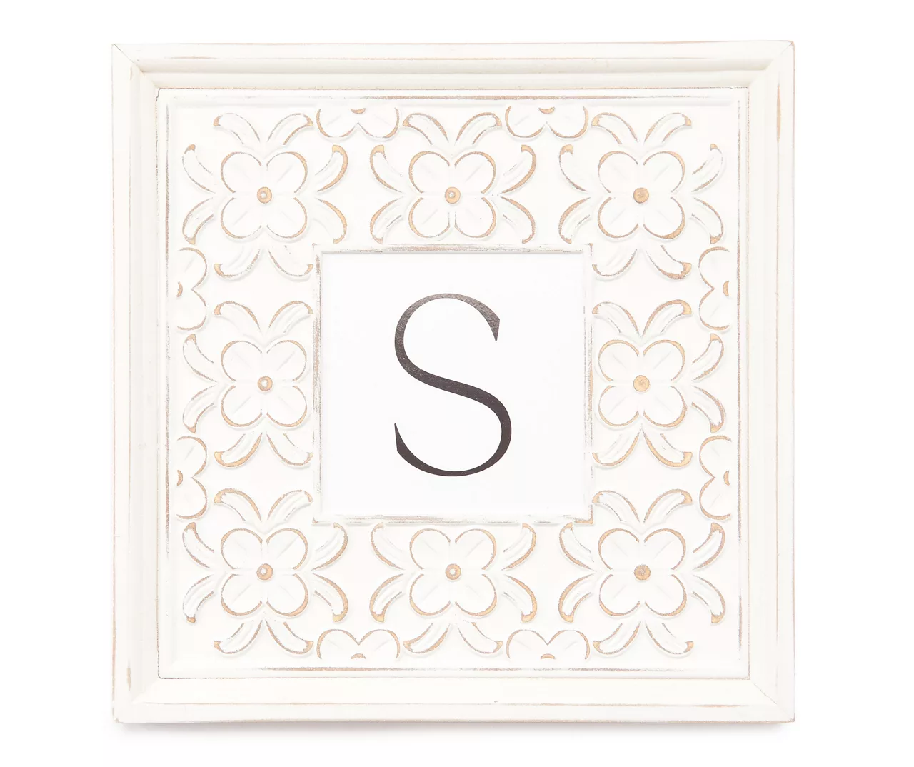White Distressed Carved Floral Monogram Square Wall Plaque - Image 6