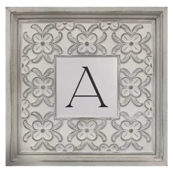 White Distressed Carved Floral Monogram Square Wall Plaque
