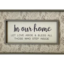 "In Our Home" Green & Beige Leaf Linen-Print Wall Plaque