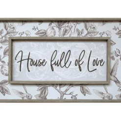 "House Full Of Love" Blue & Brown Botanical Linen-Print Wall Plaque