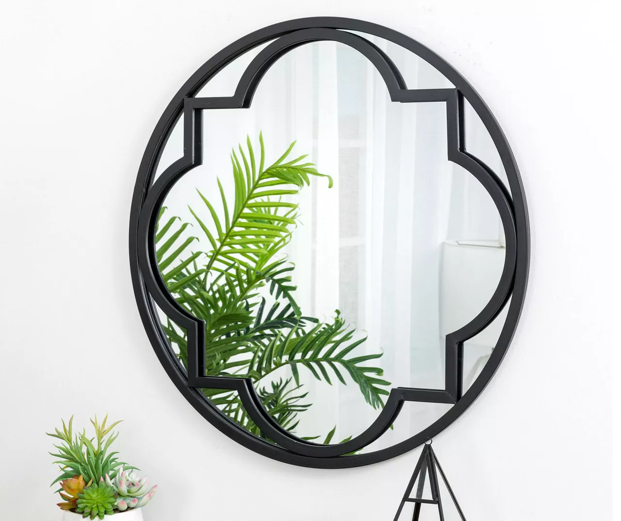 Black Quatrefoil-Accent Round Wall Mirror, (23.62") - Image 3