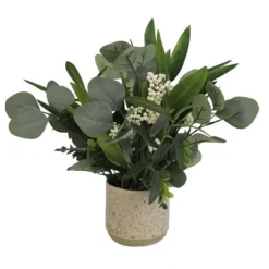 Green Artificial Eucalyptus & Olive Leaf Arrangement In Tan Speckled Pot