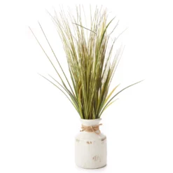 Green Artificial Grass Arrangement In White Vase With Jute