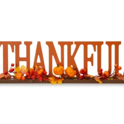 "Thankful" Pumpkin, Berries & Leaves Wordscript Tabletop Decor