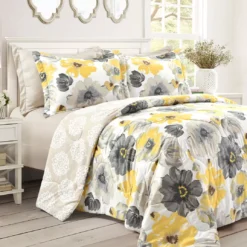 Leah White, Yellow & Gray Floral King 6-Piece Comforter Set