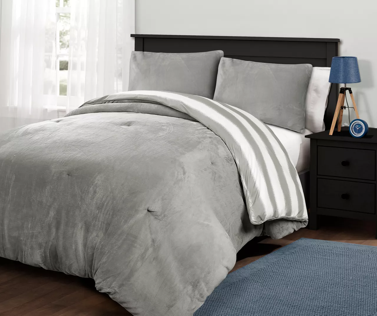 Gray Stripe Plush Comforter Set - Image 2
