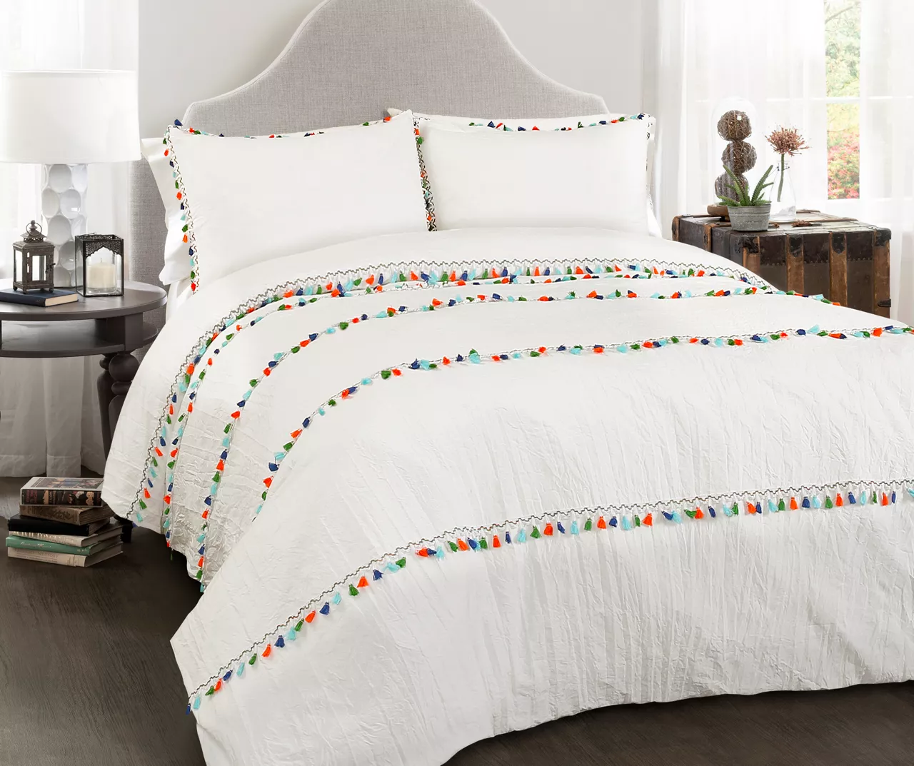 White Multicolor Tassel Boho Comforter Set