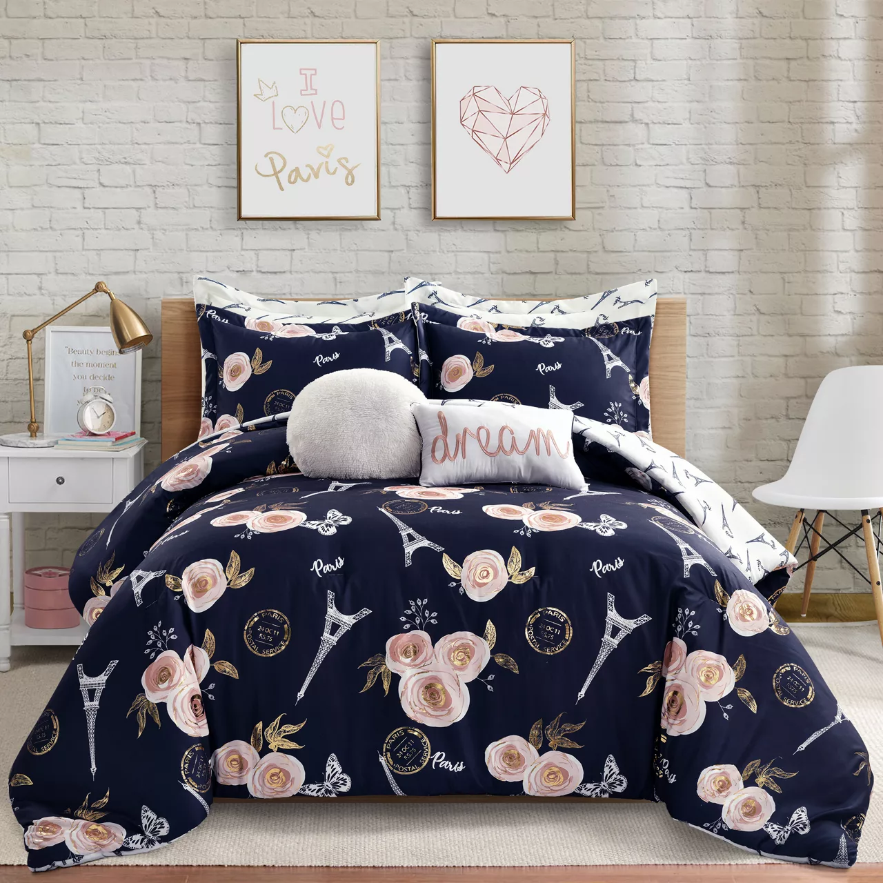 Navy & Peach Botanical Paris King 7-Piece Comforter Set - Image 6