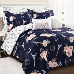 Navy & Peach Botanical Paris King 7-Piece Comforter Set