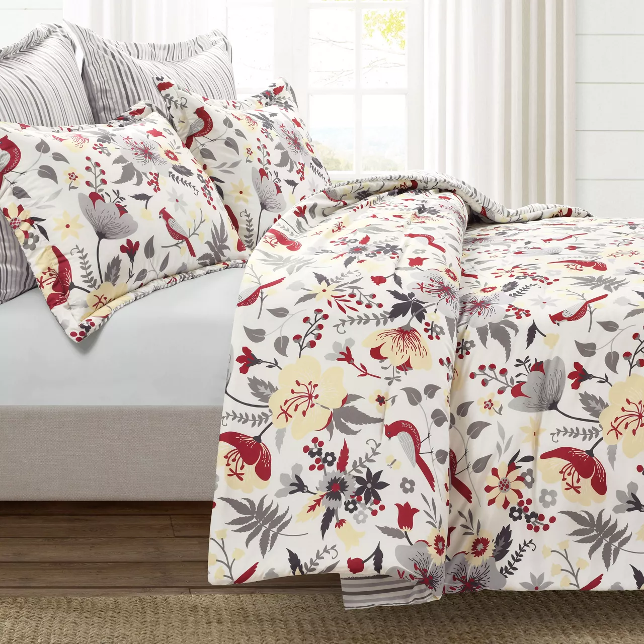 Blooming Garden Gray & Red King 5-Piece Comforter Set - Image 2