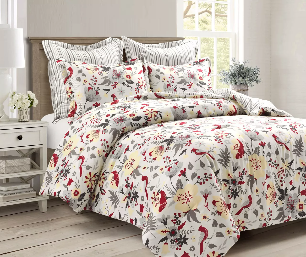 Blooming Garden Gray & Red King 5-Piece Comforter Set