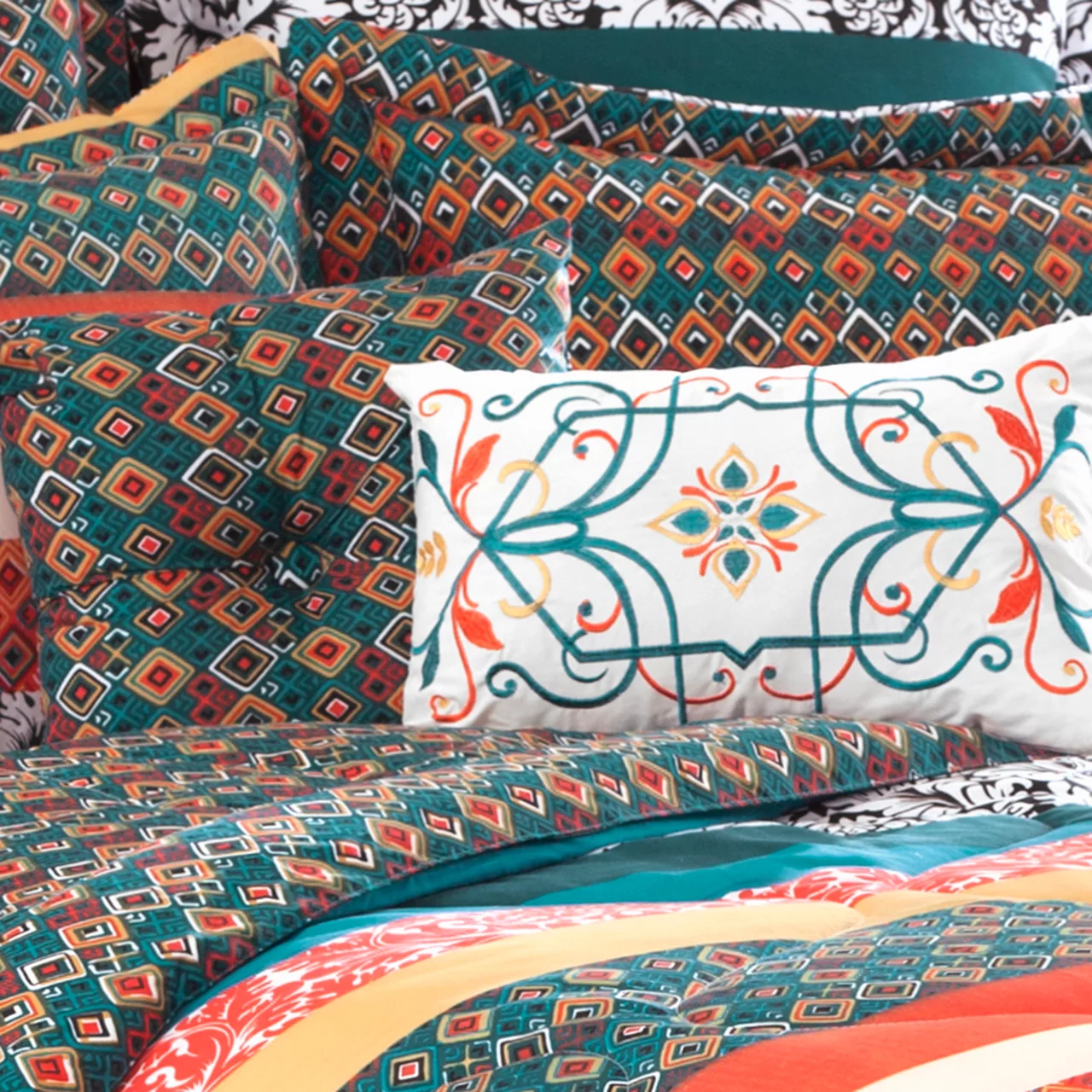 Turquoise, Mustard & Red Boho Floral Color Block King 7-Piece Comforter Set - Image 5