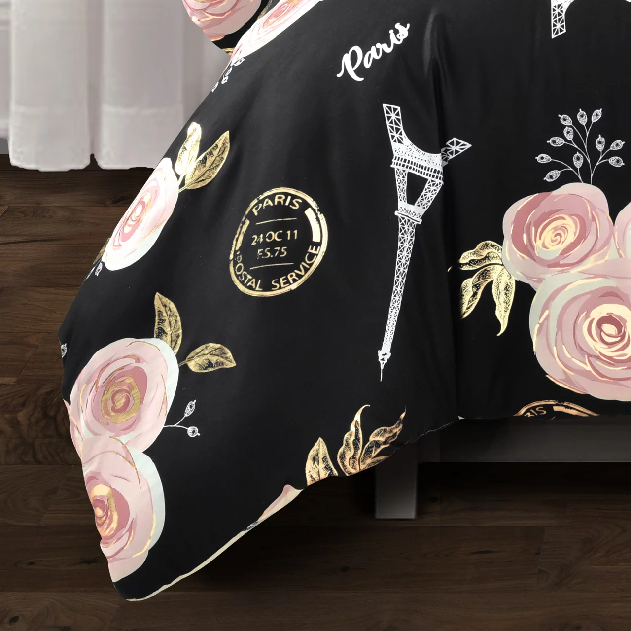 Black & Peach Botanical Paris Twin 5-Piece Comforter Set - Image 3