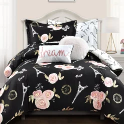 Black & Peach Botanical Paris Twin 5-Piece Comforter Set