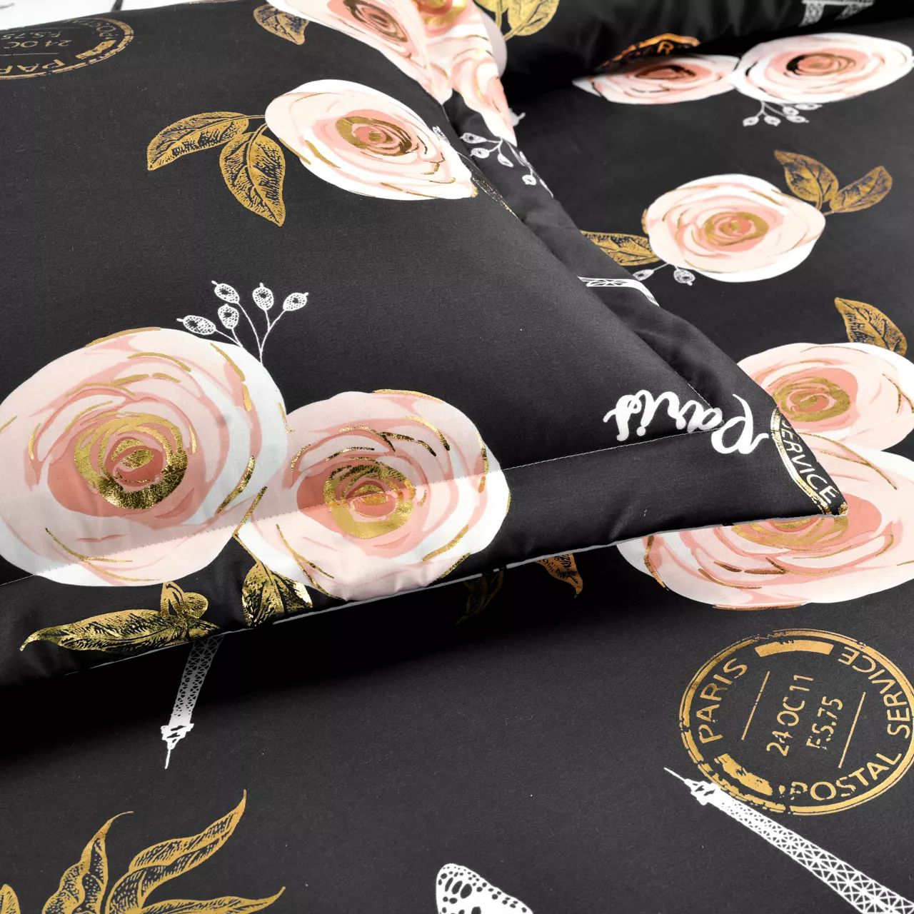 Black & Peach Botanical Paris Twin 5-Piece Comforter Set - Image 4