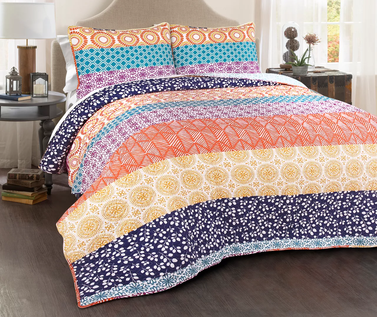 Fuchsia & Orange Bohemian Pattern Stripe Reversible King 3-Piece Quilt Set