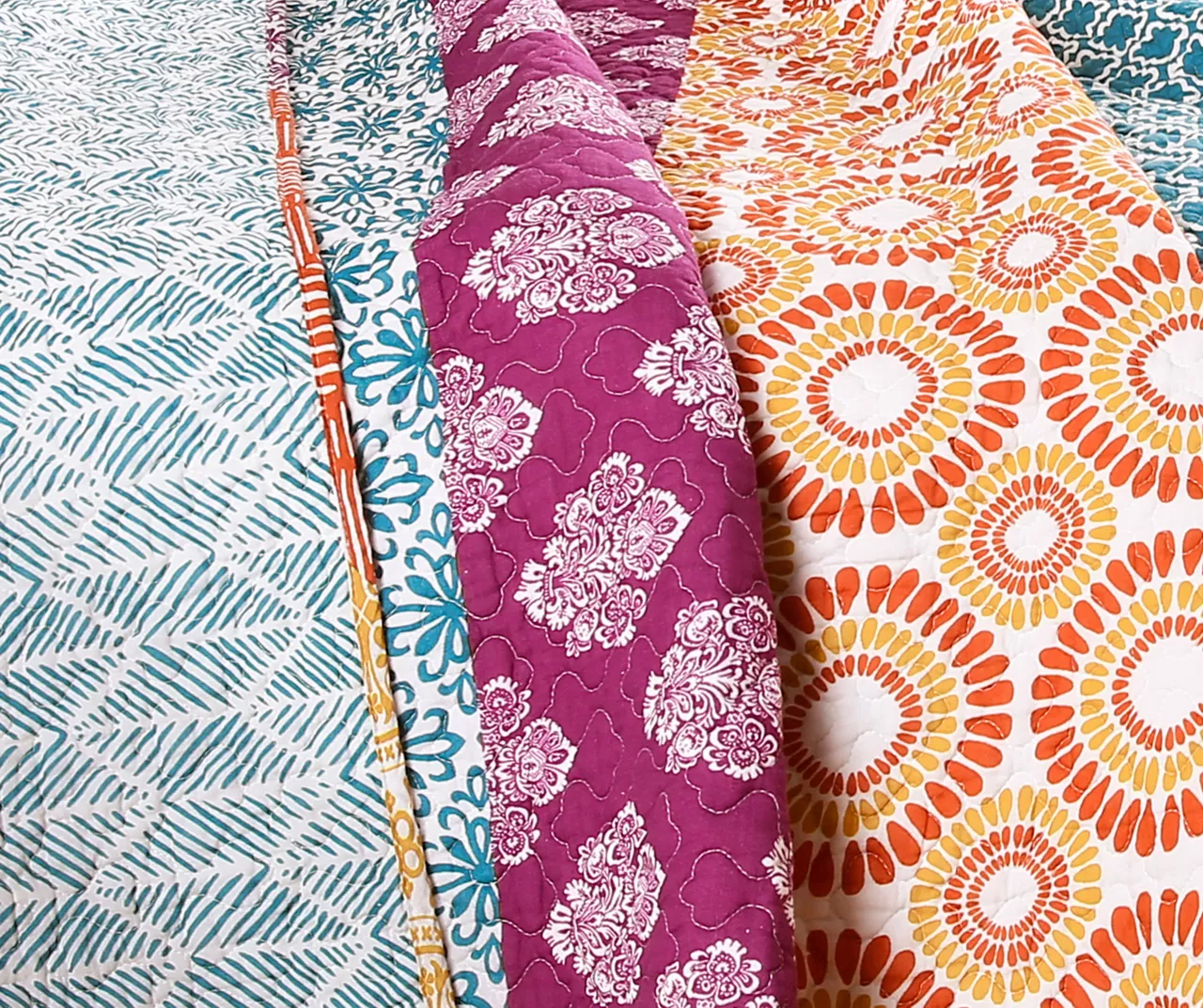 Fuchsia & Orange Bohemian Pattern Stripe Reversible King 3-Piece Quilt Set - Image 4