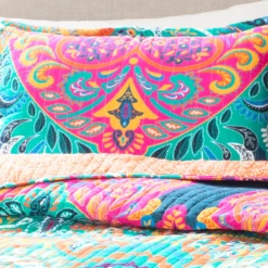 Turquoise & Fuchsia Boho Chic Reversible King 3-Piece Quilt Set