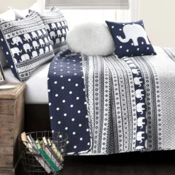 Navy & White Elephant Geometric Stripe Reversible Full/Queen 5-Piece Quilt Set