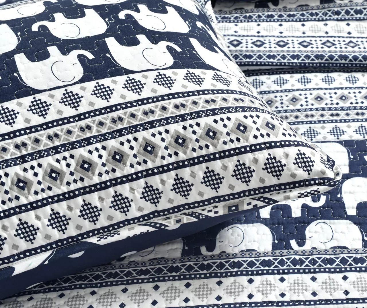 Navy & White Elephant Geometric Stripe Reversible Full/Queen 5-Piece Quilt Set - Image 3
