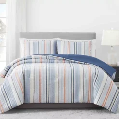 Blue & Coral Stripe Full/Queen 3-Piece Comforter Set