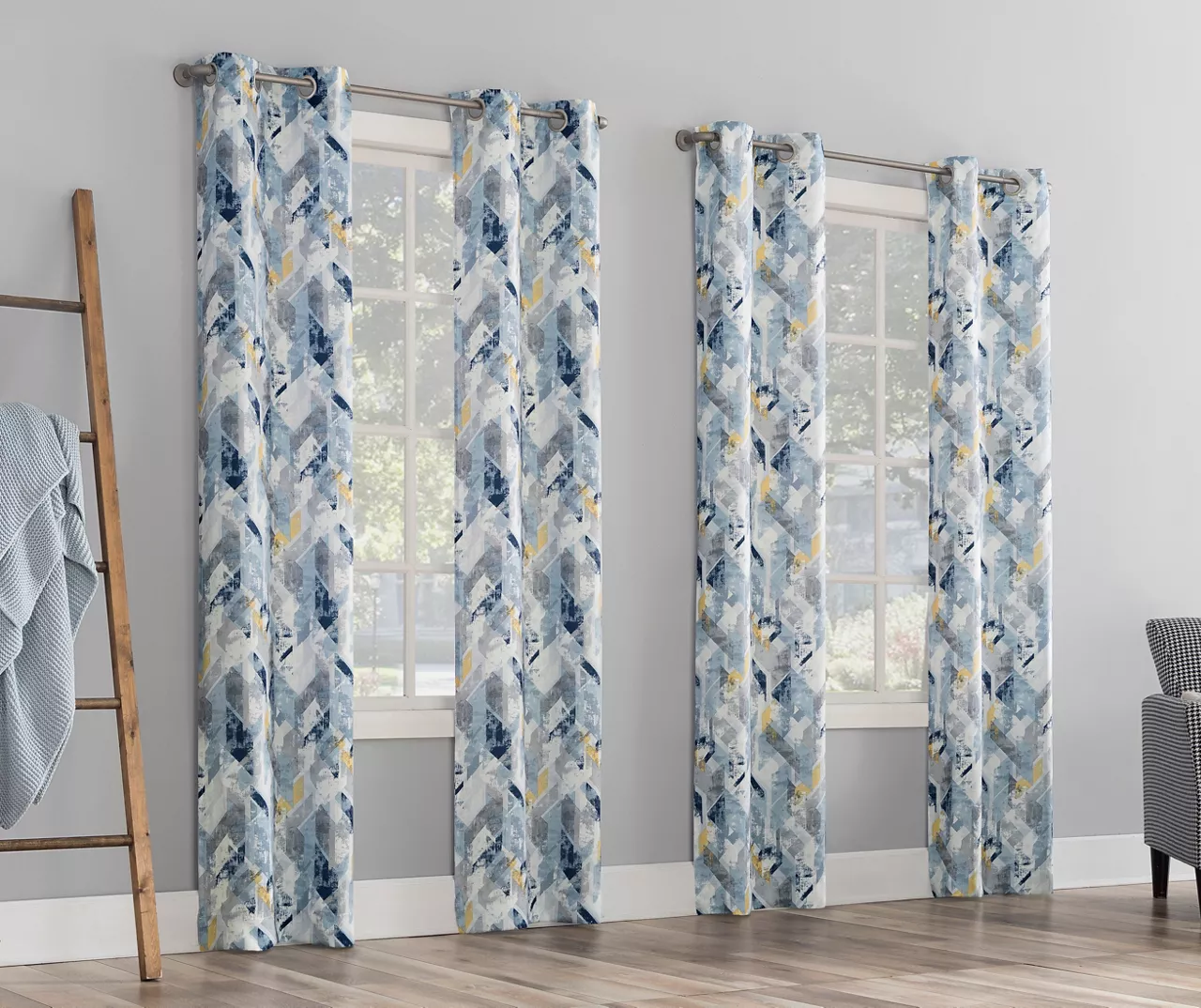 Kennett Navy Distressed Geometric Room-Darkening Grommet 4-Piece Curtain Panel Set, (84")