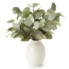 Green Artificial Eucalyptus Arrangement In Cream Stripe Ceramic Vase