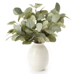 Green Artificial Eucalyptus Arrangement In Cream Stripe Ceramic Vase