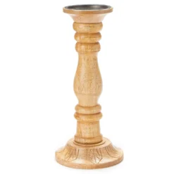 Brown Carved Wood Finial Pillar Candle Holder, (12")