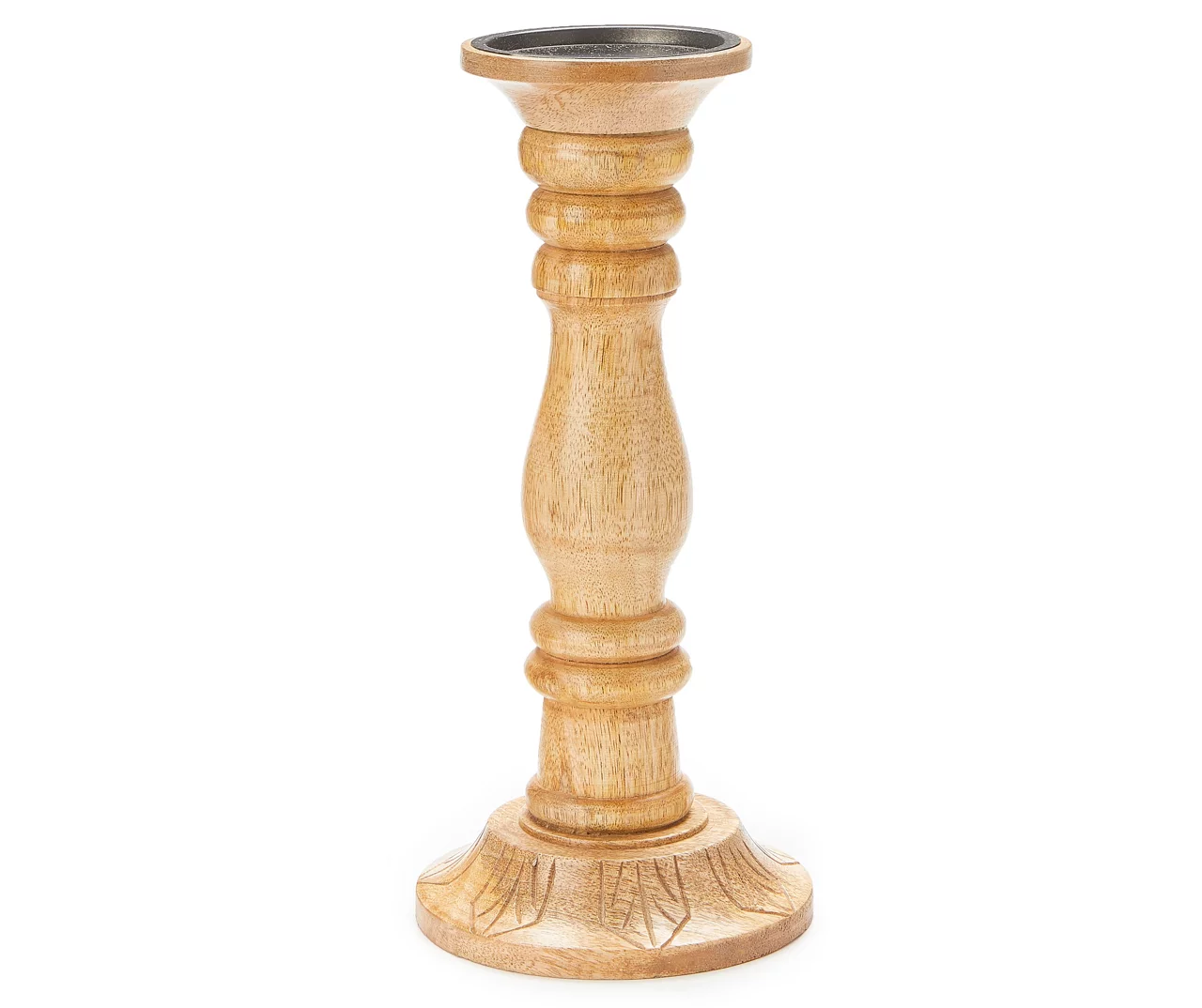 Brown Carved Wood Finial Pillar Candle Holder, (12")