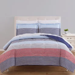 Blue & Red Stripe Microfiber King 9-Piece Bed-in-a-Bag Set