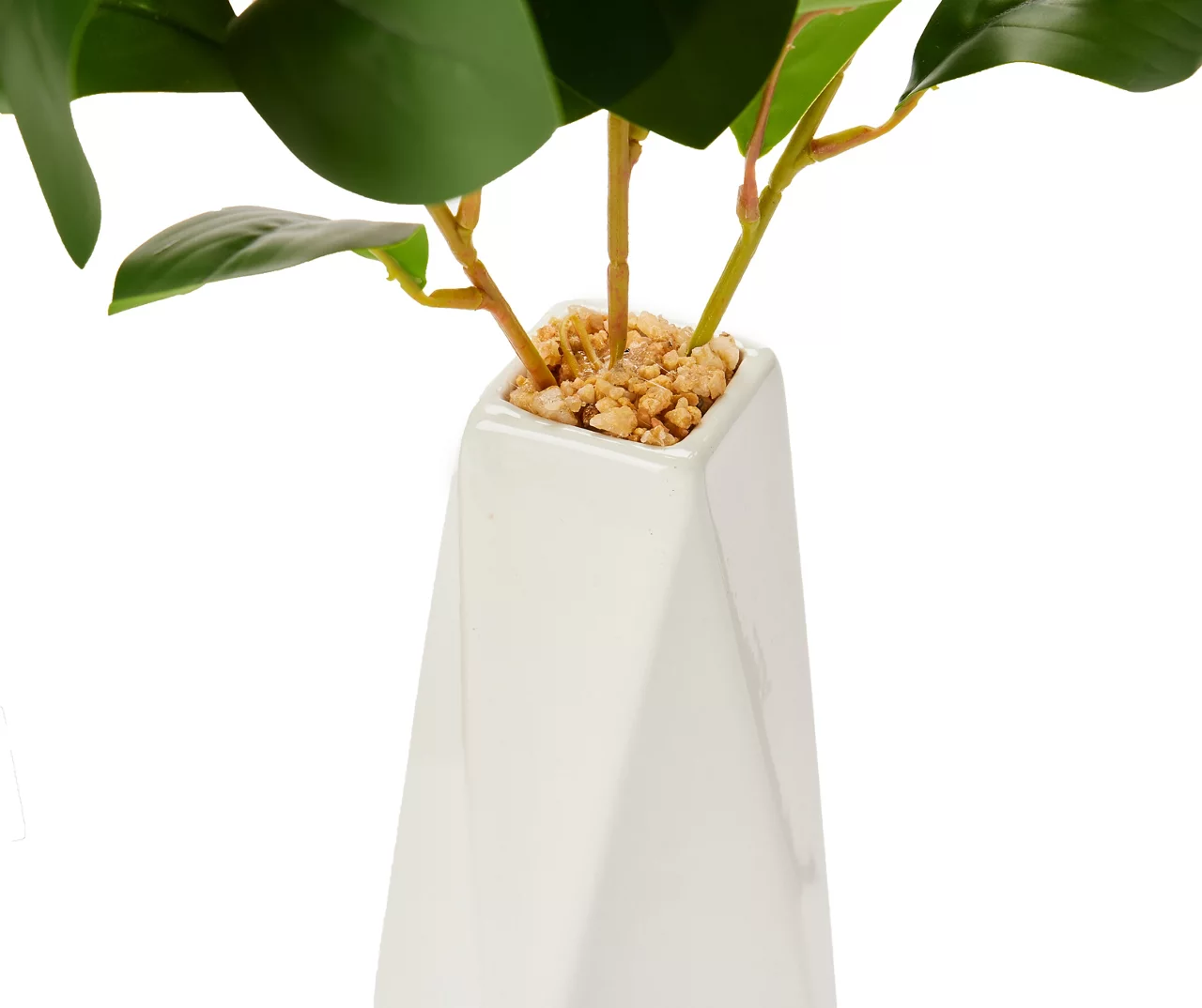 Green Artificial Leafy Stems With White Geometric Ceramic Vase - Image 2