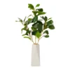 Green Artificial Leafy Stems With White Geometric Ceramic Vase